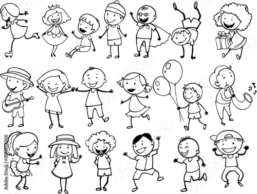 Happy kids doodle set, cute children characters in various activities, hand drawn stick figures collection, diverse faces and emotions vector illustration.