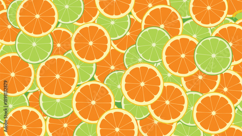 Colorful and refreshing seamless pattern of overlapping orange and lime citrus slices for a vibrant and energetic summer theme.