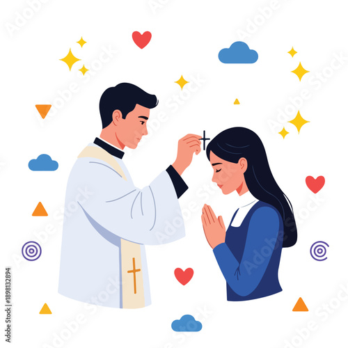 Clergyman placing a cross on a devotee head during a church ritual.