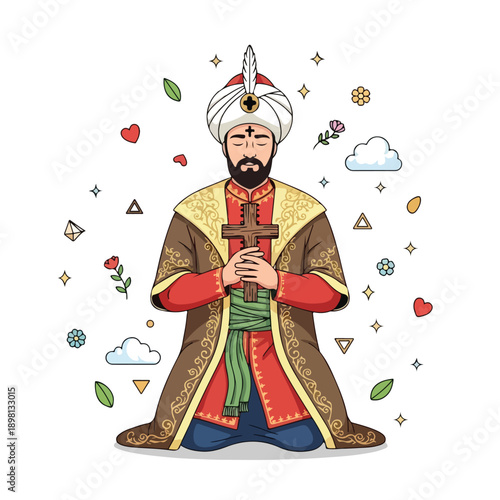 Devout man in traditional attire praying with a wooden cross.