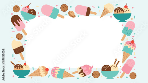 Cheerful frame border composed of various ice cream treats, popsicles, and cookies on a soft light blue background.