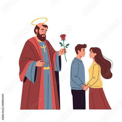 Saint Valentine blessing a loving couple with a rose.