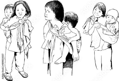 Asian tribal children sketch, traditional way of carrying baby on back, hand drawn ethnic kids illustration, cultural lifestyle line art vector.