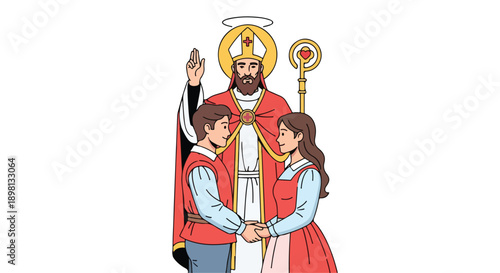 Saint Valentine bishop blessing a young couple illustration.