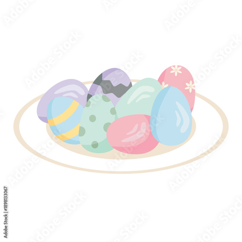 Colorful Easter eggs on a plate. Vector festive illustration featuring eggs with floral and geometric patterns.