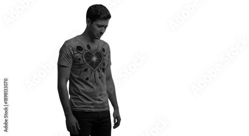 Young man in a graphic sweater standing in profile against a white background