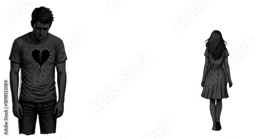 Silhouettes of a man and a woman standing apart in a dark setting