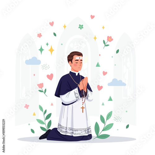 Young priest kneeling in devotion and holding a Catholic rosary.
