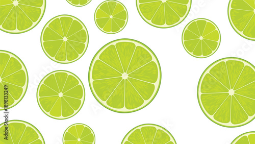 Refreshing and clean pattern of fresh lime slices scattered on a pure white background ideal for citrus themes.