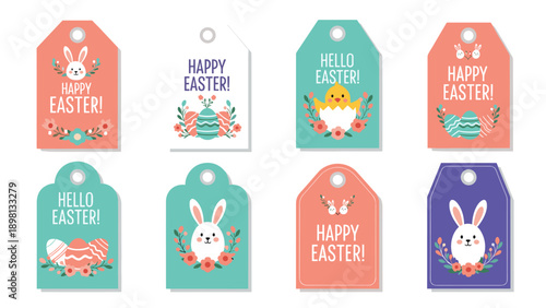 Set of eight colorful Easter gift tags featuring cute bunnies, chicks in eggs, decorated eggs, and floral patterns.