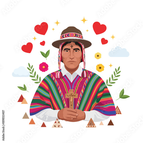 Portrait of an Andean man wearing a poncho and holding a cross.