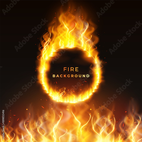 Fire burning ring on black, realistic fire vector background, flaming circle frame with blazing glow effect and sparkles