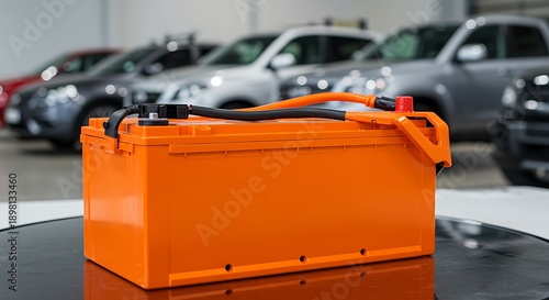 Wallpaper Mural Orange car battery with cables in an auto repair shop Torontodigital.ca