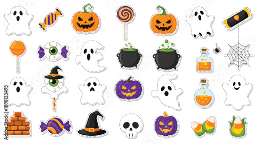 Vibrant set of Halloween themed stickers with spooky ghosts carved pumpkins magic potions and sweet candies.