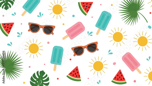 Summer pattern with colorful illustrations of sunglasses popsicles suns watermelon and tropical palm leaves.