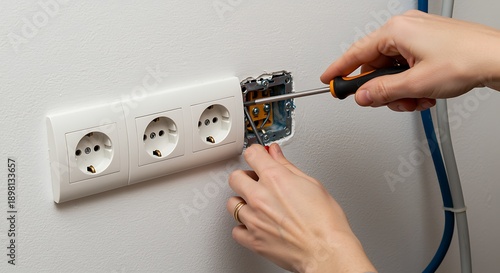 Wallpaper Mural Person Installing Electrical Outlet with Screwdriver on Wall Torontodigital.ca