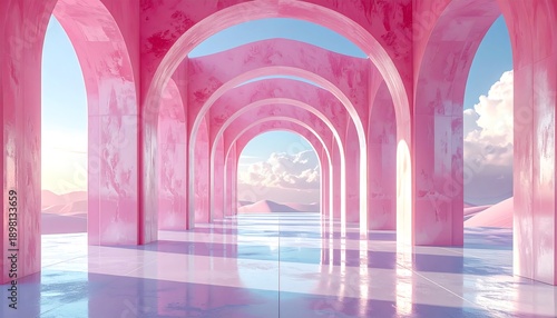 Architectural rendering of pink arches leading toward a desert landscape under a blue sky