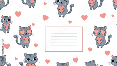 Cute cats pattern with small pink hearts and a central frame for custom message or name on white background.