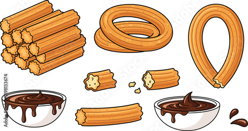Churros Dessert Set with Fried Dough Sticks Spiral Shapes and Chocolate Sauce Dip Spanish Sweet Snack Vector Illustration