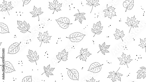 Black and white line art pattern of various falling autumn leaves and dots for seasonal fabric and paper.