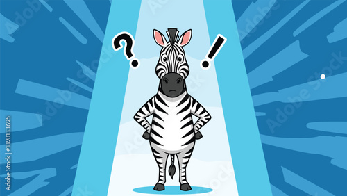 Confused cartoon zebra standing in a blue spotlight with question and exclamation marks on a rays background.
