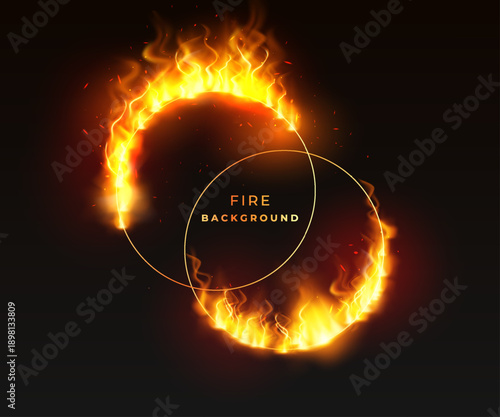 Fire burning double rings on black, fire vector background, flaming two circles with blazing glow effect and sparkles
