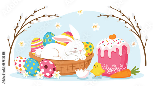 Easter celebration illustration with a white rabbit in a basket of decorated eggs a chick and pussy willow.