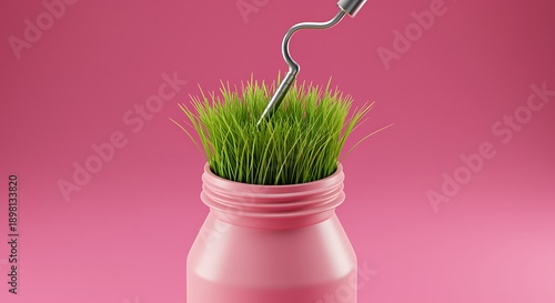 Wallpaper Mural Pink Bottle with Green Grass and Metal Hook 3D rendering Torontodigital.ca