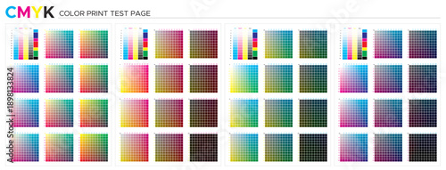 Color chart CMYK. Test page. CMYK process printing match. Cyan, magenta, yellow, black. Press table palette, color management, quality control in print production, prepress to choose color samples