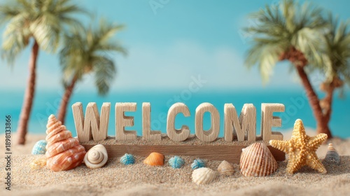 Tropical beach welcome sign with seashells and palm trees.