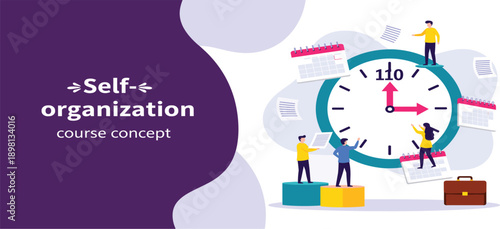Self Organization and Time Management Course Concept Vector Illustration Showing Productivity Training, Planning Skills, Personal Development, Scheduling, and Work Efficiency Improvement