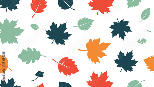 Seamless pattern of colorful autumn leaves including maple and oak in red orange and blue hues on white.