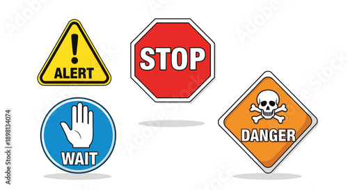 set of warning signs with alert stop danger and wait symbols