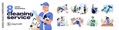 Cleaning service set. Housekeeping company workers do cleanup in apartments. Cleaners in uniform do housework: wash, clean with detergent, wipe dust. Flat isolated vector illustrations on white