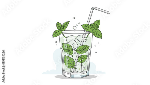 Refreshing mojito cocktail glass with ice cubes, fresh mint leaves, bubbles, and a straw on a clean white background.