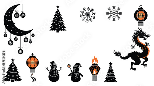Graphic illustration with various icons like a dragon, christmas tree, moon, snowman, snowflake, and oriental lanterns.