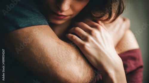 Intimate close-up of tender embrace with hands on shoulders, concept of emotional connection, trust and human relationships