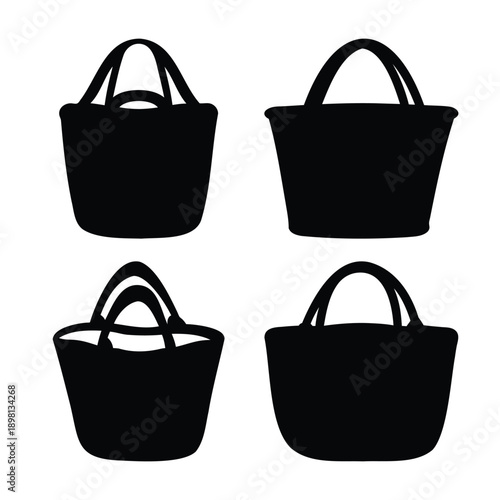 Collection of black silhouette tote bags and handbags for fashion and shopping design
