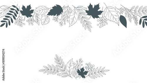 Horizontal border frame composed of various hand drawn and solid leaf outlines in blue and grey tones on white.