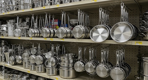Wallpaper Mural Stainless steel cookware displayed on metal shelves in a store Torontodigital.ca