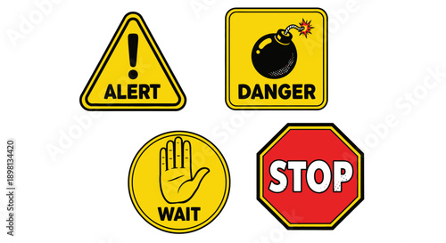 Warning signs set, alert, danger, stop, wait icons