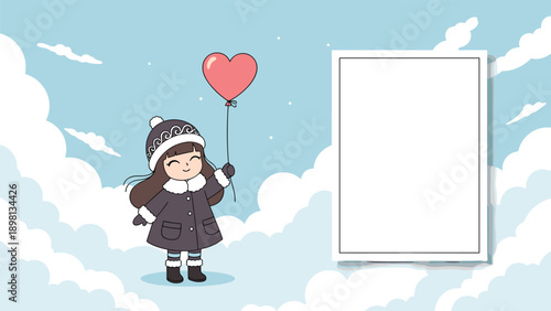 Cute girl in winter clothes holding a large red heart shaped balloon in a cloudy blue sky with a white frame for text.