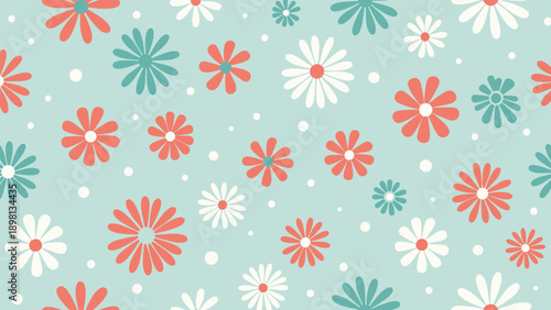 Seamless floral pattern with white and red daisies and small dots on a light teal background for a vintage look.