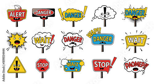 collection of colorful warning and danger signs