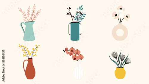 Set of various minimalist floral arrangements in different shaped ceramic vases isolated on a light beige background.