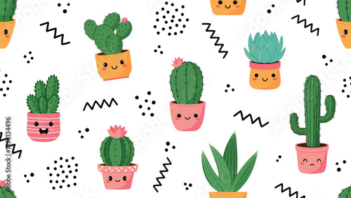 Adorable seamless pattern with various cute cacti and succulents in colorful pots with happy faces on a white background.