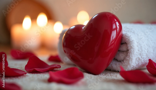 A serene and romantic spa setting with shiny red hearts, red rose petals, and white towels with candles in the background.