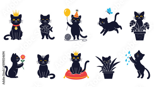 Set of cute black cat characters in different activities like playing, wearing a crown, and hiding behind a plant.