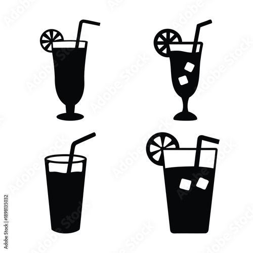 Variety of black silhouette refreshing drink icons with straws and lemon garnishes