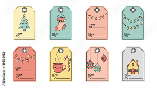 Set of eight Christmas gift tags with various holiday illustrations like trees stockings ornaments and cozy warm mugs.